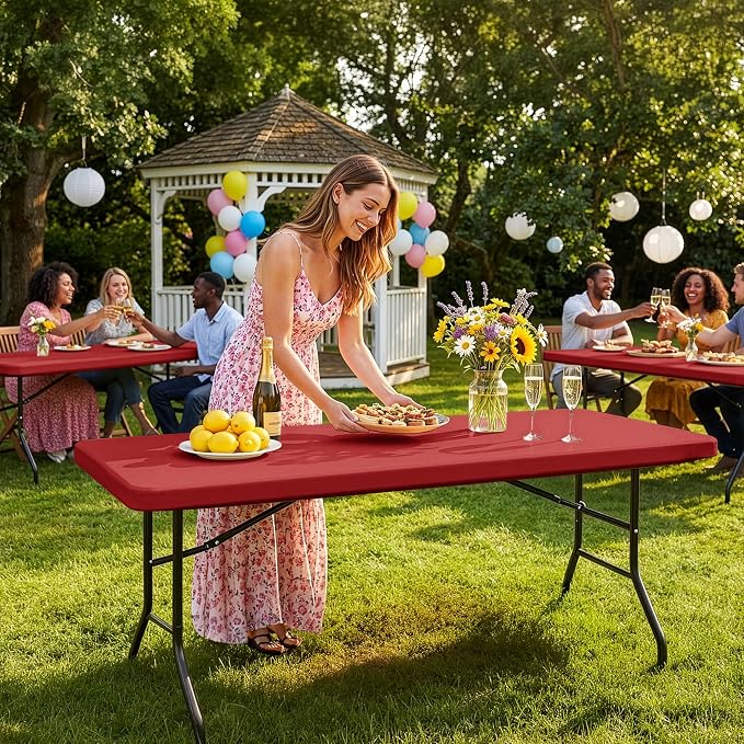 Fitted Tablecloth for 6 Foot Rectangle Tables-6 Pack Red Elastic Outdoor Picnic Table Cover-Spandex Stretch Christmas Table Cloths 6 ft for Camping Dining Room Patio Kitchen Banquet Party
