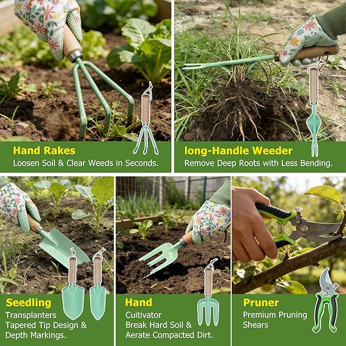 Gardening Tools 9-Piece Heavy Duty Gardening Hand Tools Set (Green), Stainless Steels and Reinforced Garden Supplies Kit, Durable Flower Garden Tools Organizer Handbag, Ideal Garden Gifts for Women