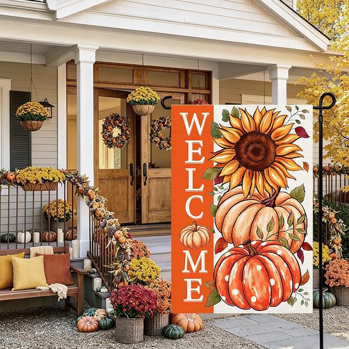 Sunflower Pumpkin Garden Flag 12x18 Inch, Double Sided Autumn Thanksgiving Burlap Flag for Yard Outdoor Decoration