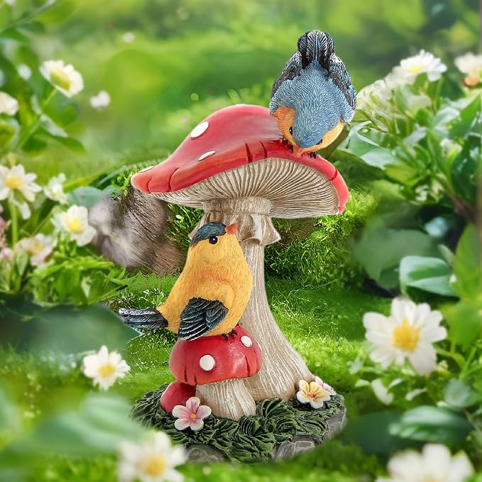 Leekung Bird Garden Statue for Outdoor Decorations,Bird Figurines Mushroom Statue for Garden Decor,Birds Decoration for Patio Yard Lawn Home Shelf Decor Accent,Birds Gifts for Mom