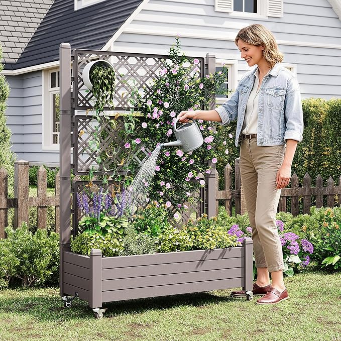 Resin Raised Garden Bed with Trellis and Wheels - Plasitc Planter Box with Trellis Outdoor with Drainage Holes & Water Monitor for Climbing Plants, Flower, Light Brown(61.2" H)