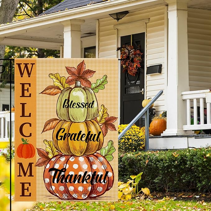 OHOME Fall Decorations for Home - Fall Garden Flag | Double-Side Autumn Decor for Outdoor Indoor Outside - Friendsgiving Welcome Backdrop Banner for Garden Porch Patio Lawn Yard,12x18 Inch