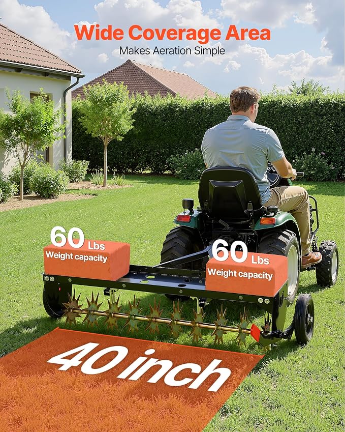 VEVOR Tow Behind Plug Aerator, 40 in Lawn Spike Aerator with Universal Hitch, 150lbs Weight Capacity, Heavy Duty & Rust-Resistant, Pull Behind Aeration Tool with Tray for Farmland & Garden Tractors