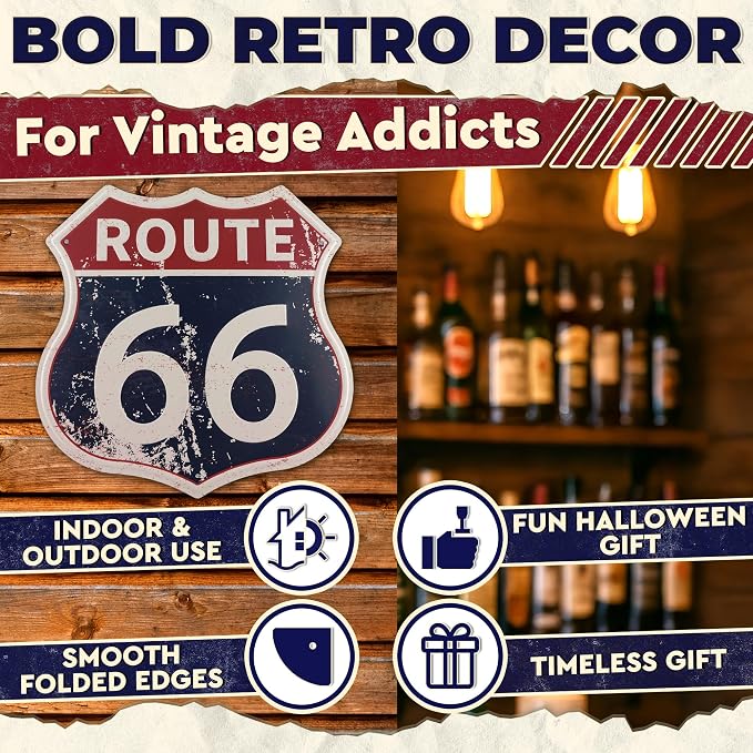Route 66 Sign - Easy to Hang Tin Signs Vintage Style 12×12 Inch | Route 66 Decor For Bedroom, Man Cave, Garage, Workshop, Bar, Cafe - Retro Road Signs Cars Wall Decor for Gifting and Party Decoration