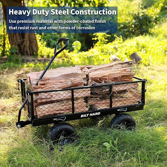 BILT HARD 10" Flat Free Tires Heavy Duty Garden Cart with 180° Rotating Handle and Removable Sides, 4 Cu.Ft 880 lbs Capacity Utility Steel Wagons for Outdoor, Yard