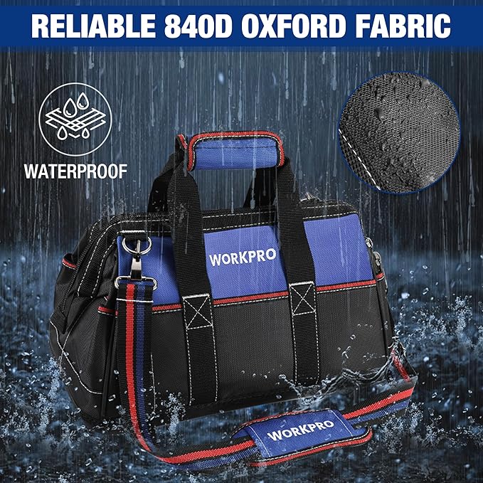 WORKPRO 16-inch Wide Mouth Tool Bag, Heavy Duty Cloth Tool Storage Bag with Water Proof Molded Base, Adjustable Shoulder Strap, Father Day Gifts for Men