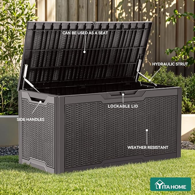 YITAHOME 100 Gallon Large Deck Box, Outdoor Resin Storage Boxes for Patio Furniture, Outdoor Cushions, Garden Tools, Water Resistant and Lockable