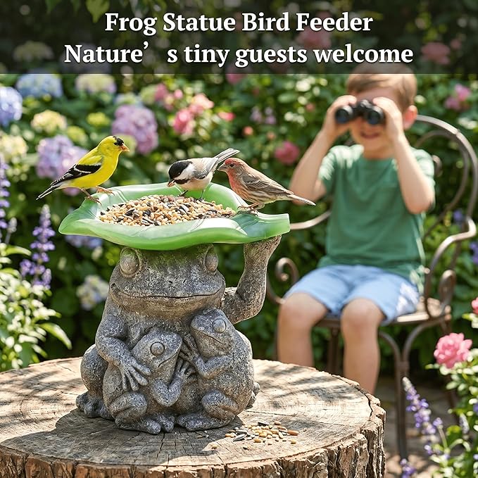 MXwcy Solar Frog Garden Statue with Bird Feeder, 7.8'' Resin Frog Family Solar Garden Light Outdoor Waterproof, Cute Yard Decor for Patio Lawn Backyard, Garden Gifts for Mom Grandma Women