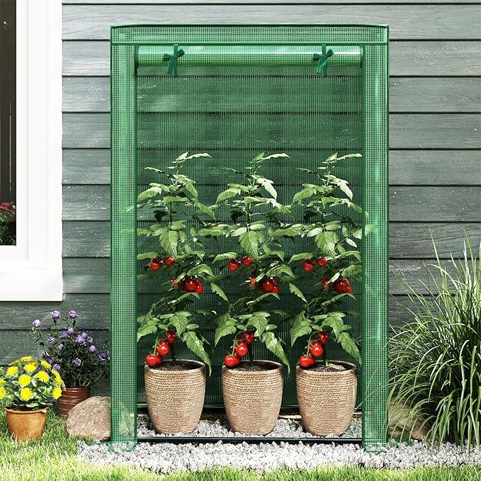 Giantex Portable Mini Greenhouse, Heavy Duty PE Cover, Elector-Coating Metal Frame, Waterproof Sun-Protective Tomato Green House with Roll-Up Zippered Door, Indoor Outdoor Green, 39" x 20" x 59"