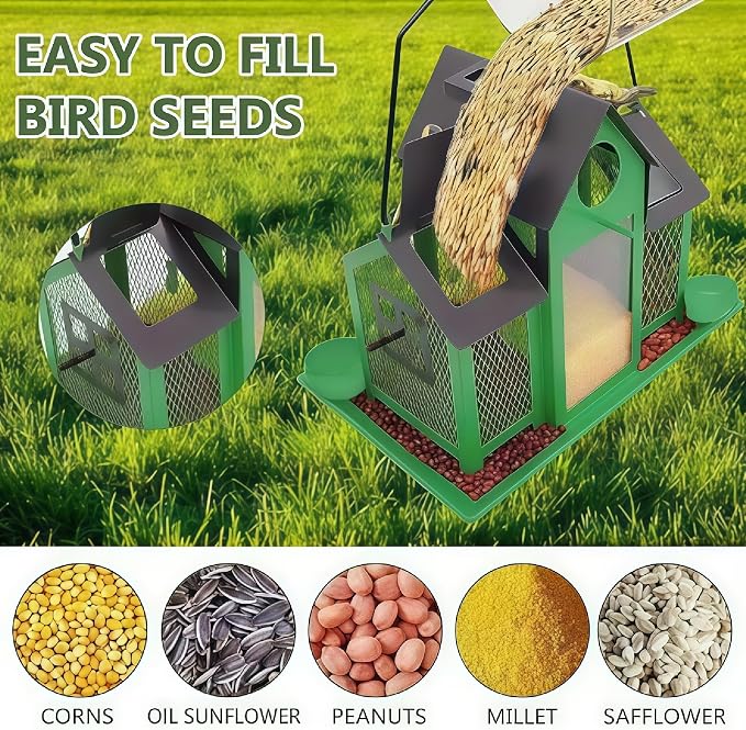 Solar Bird Feeders House for Outside Hanging, Metal Wild Bird Feeder for Outdoors Large Capacity Cardinal Birdfeeder Birdhouses Metal Bird Feeding Station Green