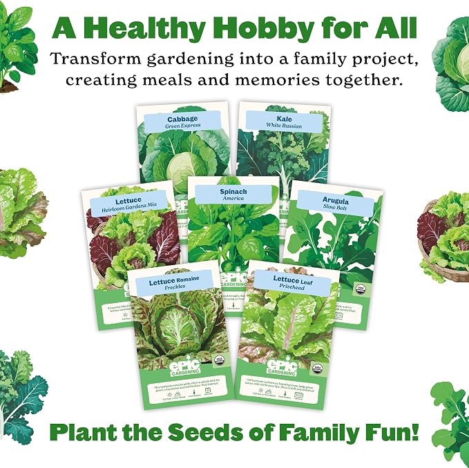 Epic Gardening: Eat Your Greens Seed Kit - 7 Heirloom & Non-GMO Varieties for Fresh Salads & 6-Cell/6 Seedling Starter Trays - Black: Plant Starter, Easy Growing, Eco-Friendly, Perfect for Beginners
