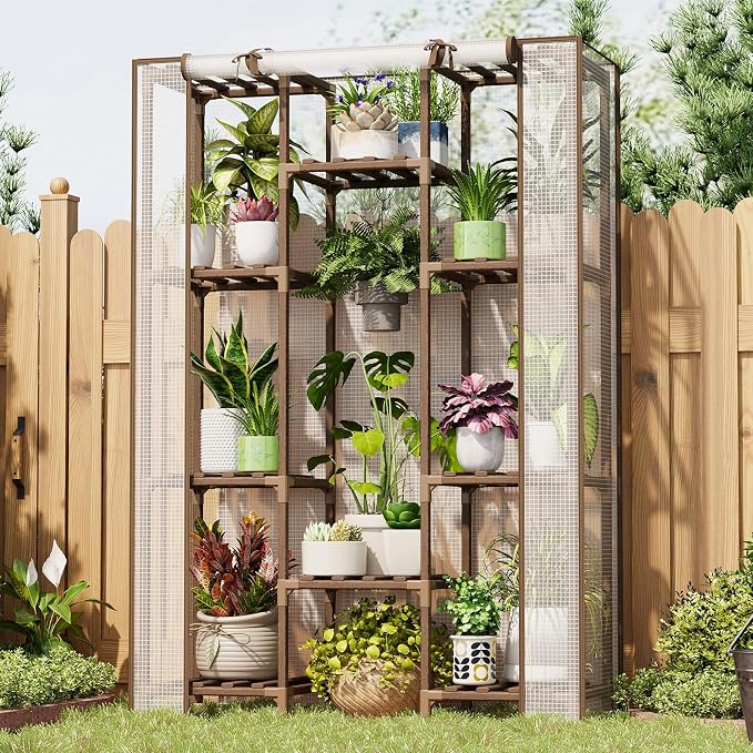 Bamworld Greenhouse Indoor Outdoor Tall Green House for Multiple Plants 10 Tiers 11 Pot Large Plants Holder Rack Wood Warm Houses for Room Corner Balcony Garden Patio