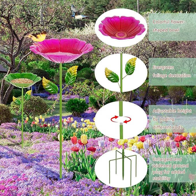 2 Pack Bird Baths for Outdoors, Colorful Metal Bird Bath for Outside, Hummingbird Bath with Five Stakes, Garden Flower Small Birdbath for Garden Decor, 31.3" H x 10.63" Dia (Red,Green)