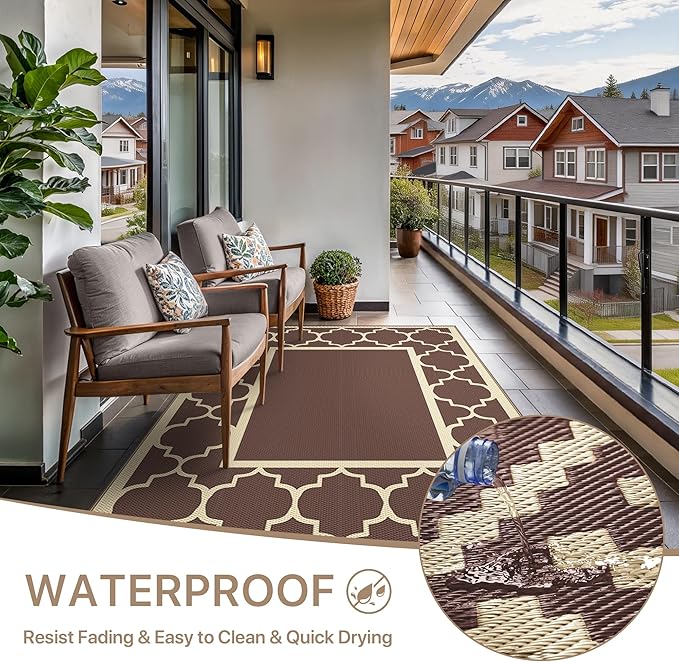 GENIMO 5' x 8' Outdoor Rug Waterproof for Patio Decor, Foldable Reversible Plastic Straw Area Rugs Mat for Camper, Outside Carpet for Rv, Deck, Porch, Picnic, Beach, Balcony, Coffee & Beige
