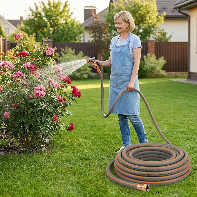 PremiumPro 75FT 5/8" Heavy Duty Reinforced Garden Hose, Large Flow,600 PSI Burst Pressure, Four Layer Hybrid Polymer Anti Kink with 360 Swivel Brass Connectors and handle for yard,washing & irrigation