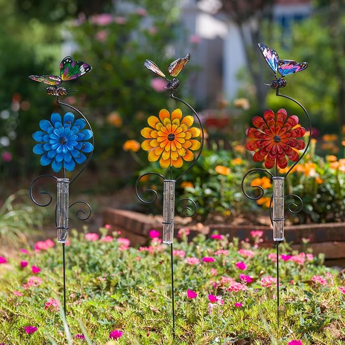 Rain Gauge Outdoor, 3 Pack Butterfly Rain Gauges with 5" Plastic Tube, Metal Flower Decorative Garden Stakes for Yard Patio Lawn Decor