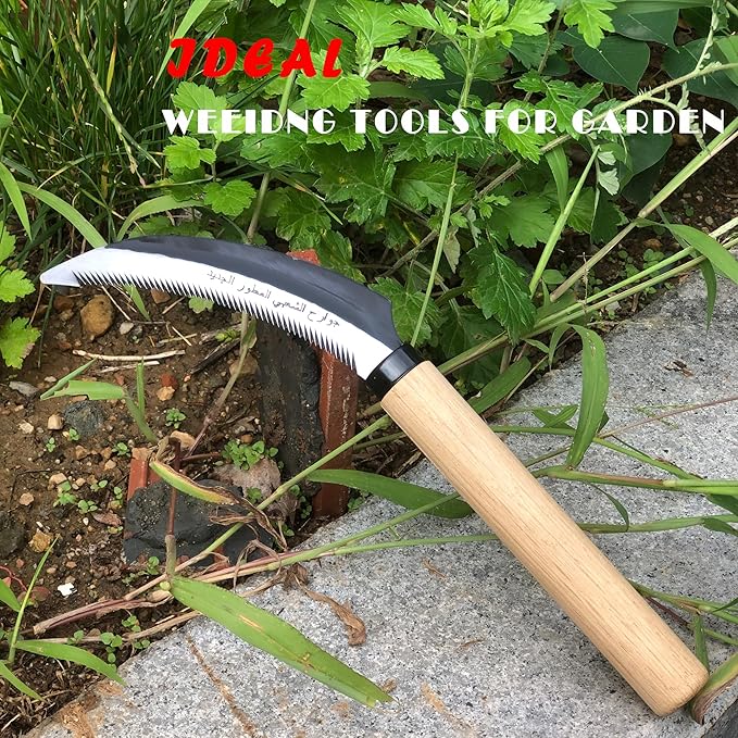 Grass Sickle with Sawtooth Japanese Weeding Hoe Weeding Tools for Garden High Toughness Stainless Steel with Hard Solid Wood Handle(Beige)