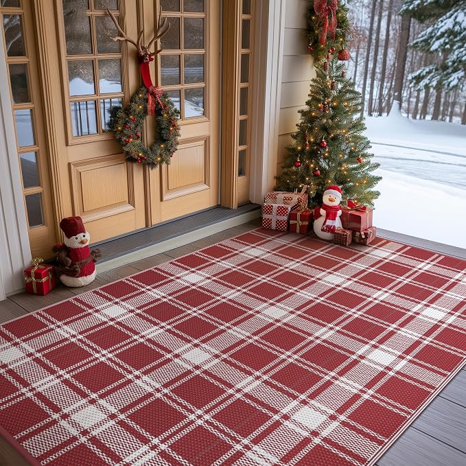GENIMO Waterproof Outdoor Rug for Patio Clearance, 5'x8' Reversible Plastic Straw Rugs, Lightweight RV Camping Mat for Camper, Balcony, Deck, Backyard, Picnic, Red White Plaid