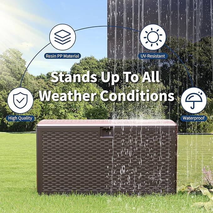 Outdoor Storage Box, 99 Gallon Storage Bin with Lid, Waterproof Large Resin Deck Box, Indoor Outdoor Lockable Storage Container for Patio Furniture Cushions Garden Tools- Brown