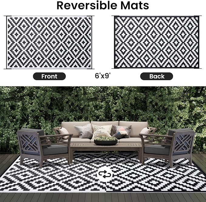 Smiry Waterproof Outdoor Rug 6x9 ft, Reversible Plastic Straw Patio Camping Rugs, Outdoor Indoor RV Mat Carpet for Patio, Outside Entry, Backyard, Deck, Bench, Picnic, Camper, Black & White