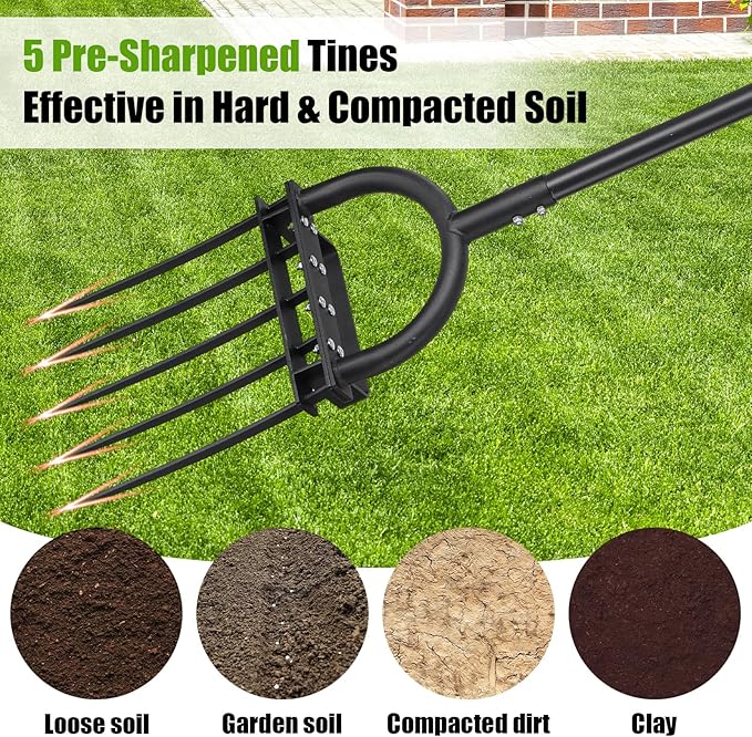 5-Tine Heavy Duty Garden Fork, 69" Metal Pitch Fork with Ergonomic D-Grip Handle for Digging, Weeding, Soil Loosening, Composting