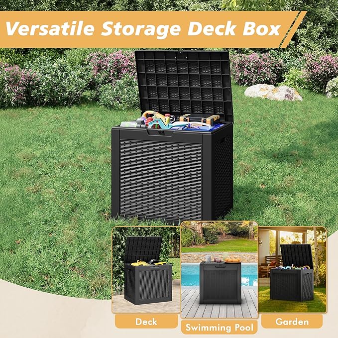 Fancyango 31 Gallon Outdoor Deck Box Waterproof, Storage Box for Patio, Resin Storage Bench Lockable for Garden Tools, Package Delivery, Black