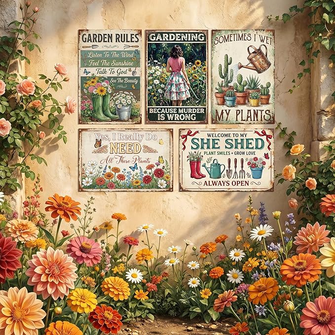 Rngmsi Metal Garden Signs for Outside, 5PCS Funny Vintage Garden Decor Decorative Outdoor Yard, Gardening Housewarming Gifts Decorations for Women and Plant Lovers