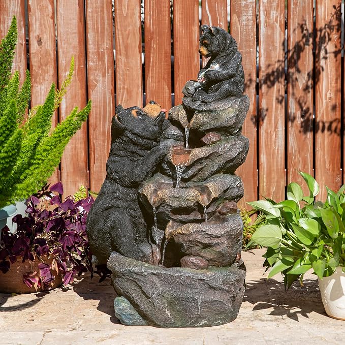 Glitzhome Water Fountain Outdoor, Outdoor Fountain with Lights & Pump, 30.5" H 4-Tiered Mom and Baby Bear Polyresin Cascading Waterfall Floor Standing Water Feature for Garden, Patio, Yard, Deck