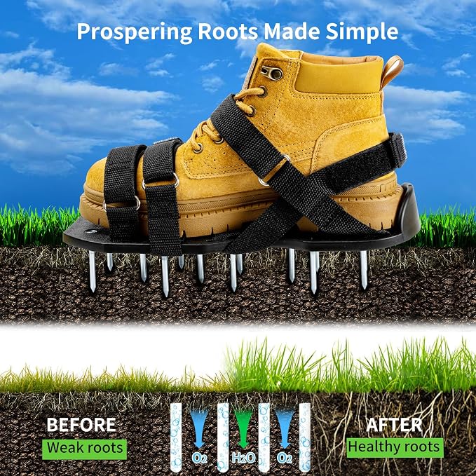 Lawn Aerator Shoes Pre-Assembled, Heavy Duty Lawn Spike Shoes with Adjustable Straps, Soil Aerating Tools for Yard Patio Garden, Includes Cleaning Shovel, Restores Lawn Health (Black)