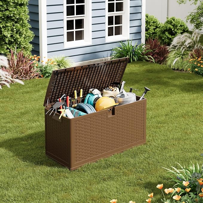 IDEALHOUSE 73 Gallon Resin Deck Box, Waterproof Outdoor Storage Box with Lockable Lid & UV Resistant, Patio Furniture Cushion Storage Container for Garden, Backyard, Poolside (Brown)