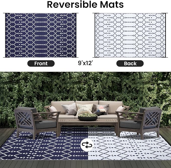 Smiry Outdoor Rug 9x12 ft, Waterproof Reversible Plastic Straw Rugs, Boho Outdoor Area Rug, Outside Floor Mat for Patio, Backyard, Deck, Picnic, Beach, Camping, Navy