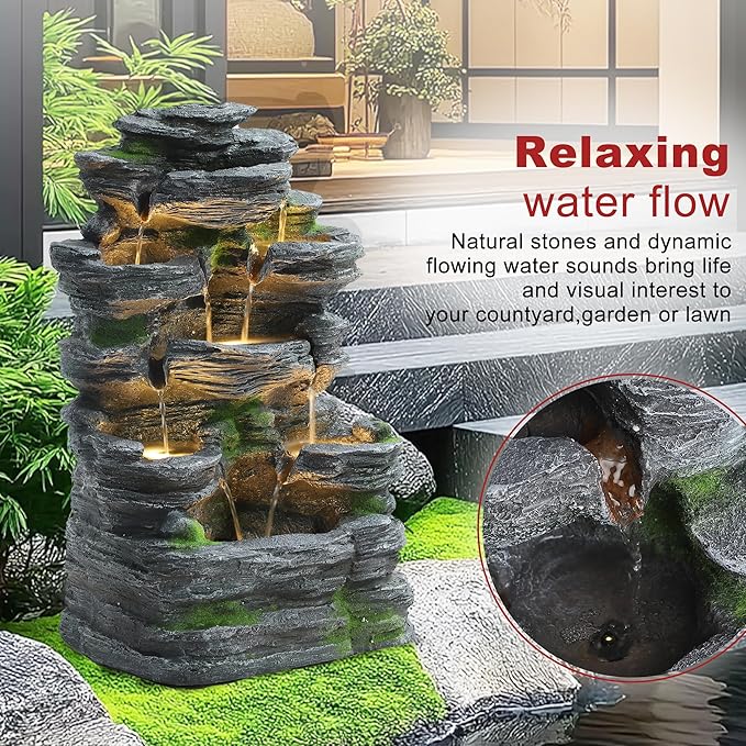 Garden Fountains Outdoor, 7-Tiers Cascading Rock Water Fountain, 24.4" H Waterfall Fountain Indoor with 6 LED Lights and Moss for Patio, Yard and Home Art Decor, Natural Stone Look