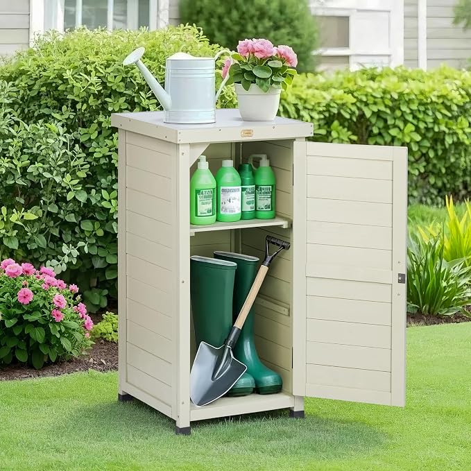 HABAU Outdoor Storage Cabinet, Potting Bench Table with Metal Tabletop & Shelves, Wooden Planting Workstation for Patio Garden, Weatherproof