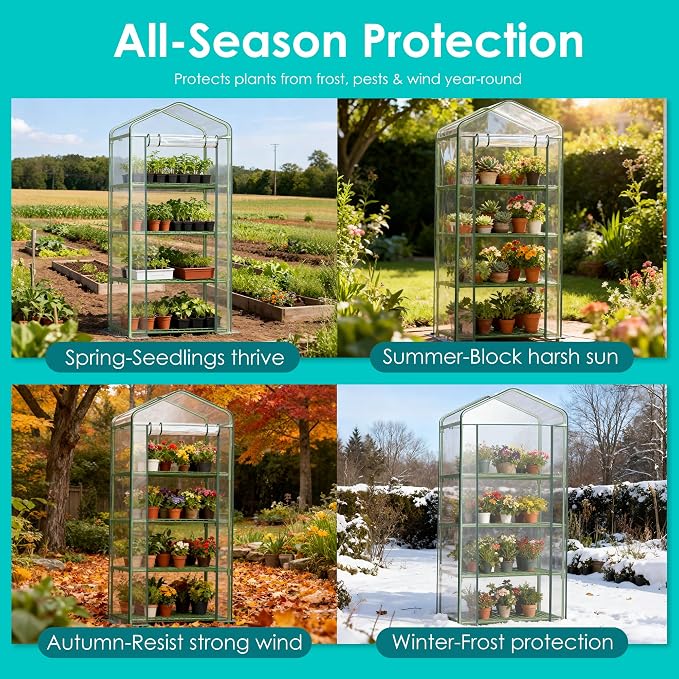 Twira 4-Tier Mini Greenhouse Outdoor, Portable Small Greenhouses for Winter, PE-coated Metal Frame & PVC Cover Green House for Outside Plants, Indoor Greenhouse Women Men Gardening Gifts 2.3x1.6x5.2ft