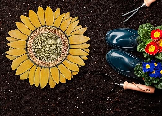 NAT & Jules Sunflower Shaped Dimensional Indoor Outdoor 12 inch Cast Resin Decorative Garden Stepping Stone, Patio, Walkway Sculpture Yard Art, Colorful Yellow