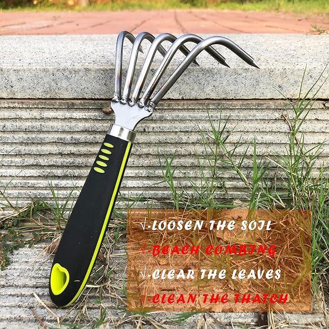 Garden Rake 5-Claw Landscape Dethatcher Thatching Beach Combing Rake for Digging Clam Shell Defoliation Hoe Garden Tool for Loosen The Soil (Green)