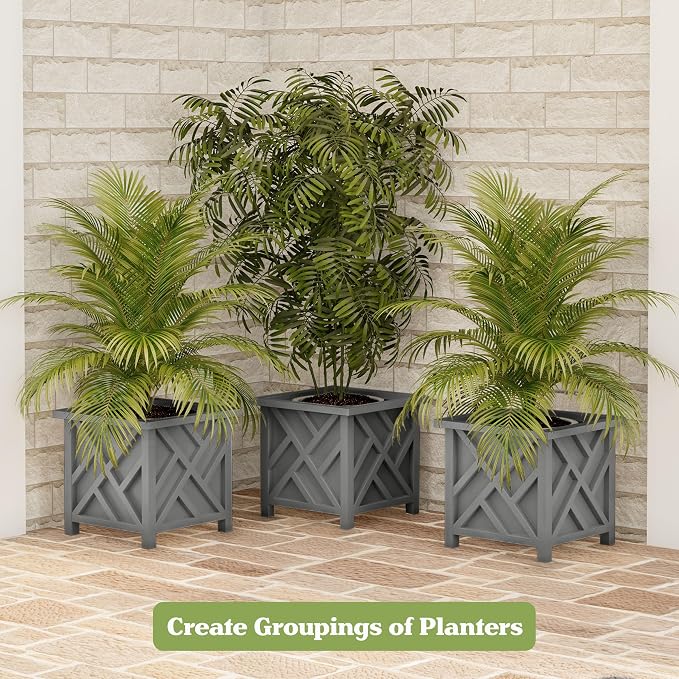 Lattice Design Outdoor Planter Box - 14.75” Square 13” Tall Gray Plant Pot - Decorative Plant Pots for Front Porch Decor - Flower Pots Outdoor Planters for Porch Patio or Garden Decor by Pure Garden