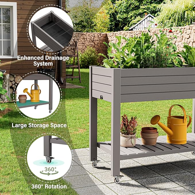 33.7" Tall Raised Garden Bed with Wheels, Divisible Plastic Planter Box with Drainage Gauge & Storage Shelf, Herb Garden Planter for Garden Patio Backyard, Gray (33.7" h)