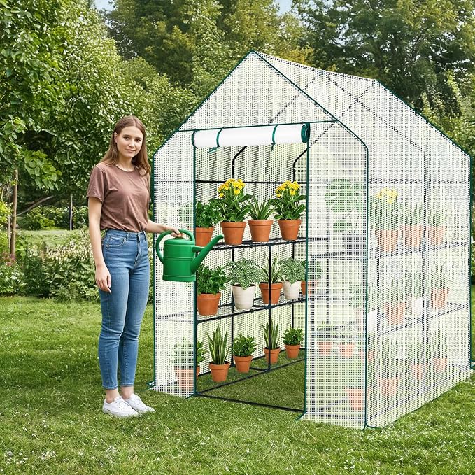 Outvita Walk-in Greenhouse, Outdoor Durable PE Plant Green House for Frost Protection with 3 Tiers 8 Shelves, Shelf Clips, Roll-up Zipper Door, 56"x56"x77" White