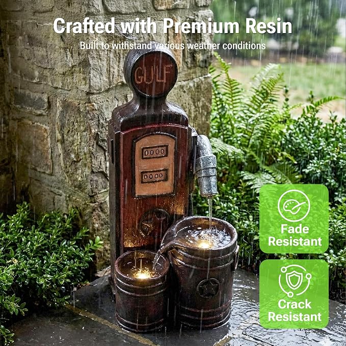 20-Inch Outdoor Water Fountain, 3-Tier Outdoor & Indoor Vintage Gas Pump Statue Resin Waterfall Fountain with 2 LED Lights, Home Decor for Patio, Garden, Backyard, Deck, Lawn, Porch in Red