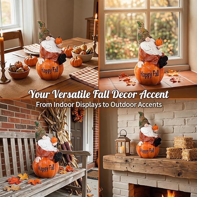 Topadorn Fall Garden Gnome Figurine Sitting on Pumpkin Statue Autumn Harvest Garden Gnomes Statue Figurine for Patio Yard Lawn Porch Decoration, Happy Fall