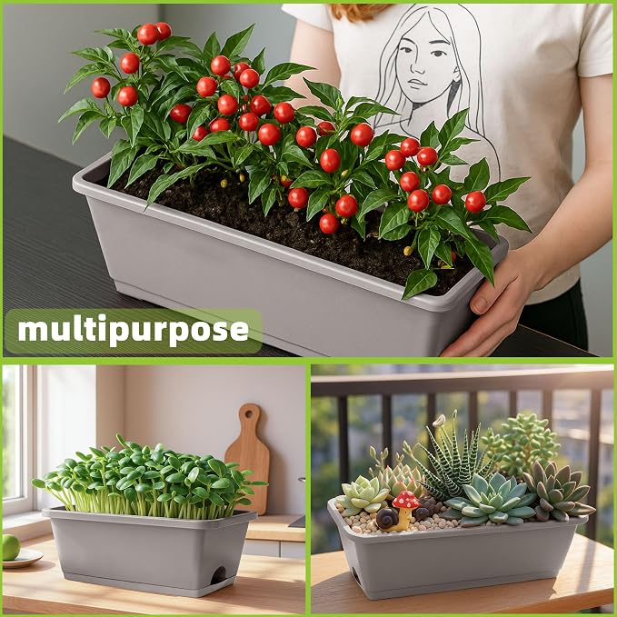 LOCONHA Window Box Planter, Plastic Vegetable Flower Planters Boxes 17 Inches Rectangular Flower Pots with Saucers for Indoor Outdoor Garden, Patio, Home Decor (12, French Grey)