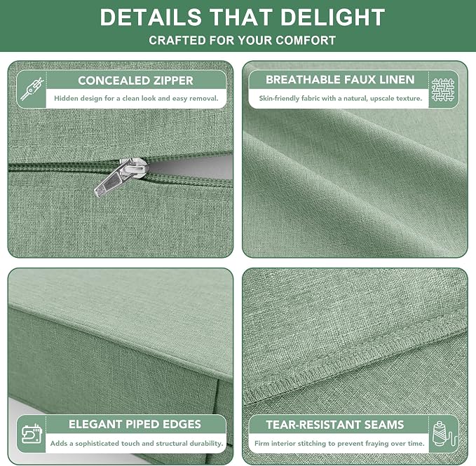Summsun Outdoor Cushions for Patio Furniture, Faux Linen Water Resistant Backrest and Deep Seat Cushion Set with Removable Cover, Ties, Non-Slip Bottom, 22 x 22 Inch, Sage Green