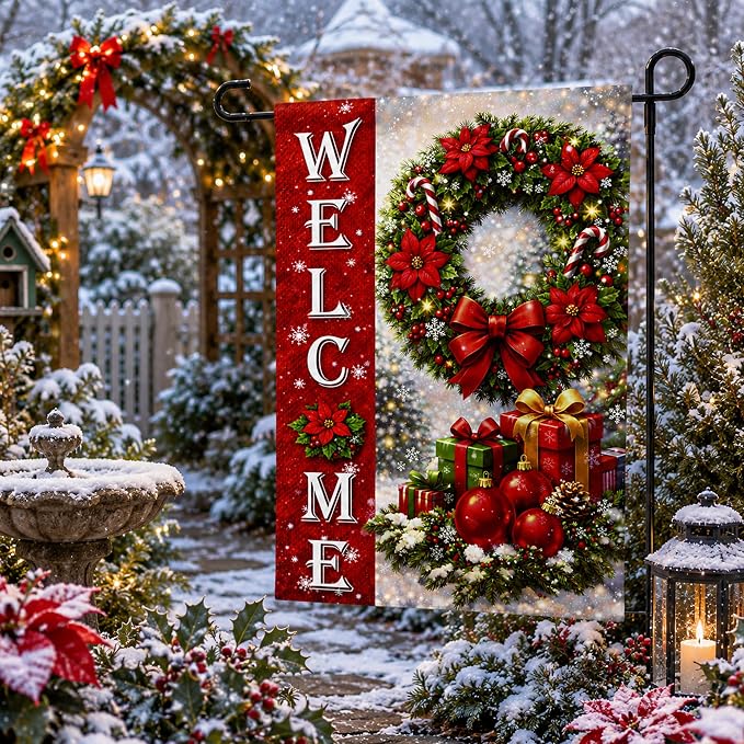 Christmas Decorations - Xmas Wreath Welcome Garden Flag | Christmas Party Decor Favors Supplies for Outdoor Outside - Red Wreath Double Sided Backdrop Banner for Garden Porch Patio Lawn Yard