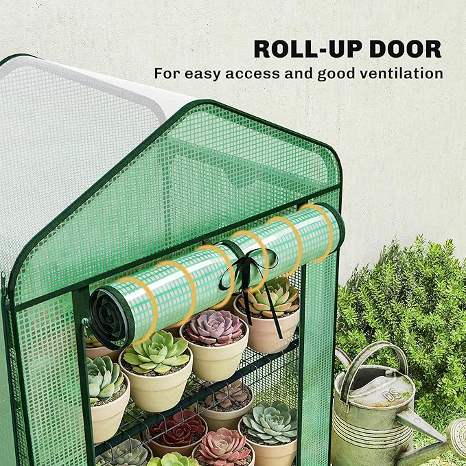 Outsunny 3 Tier Mini Greenhouse with Screen Roof, 27.6" x 19.7" x 50", Portable Small Greenhouse with High Strength PE Cover, Roll-Up Zipper Door for Garden Yard Backyard, Green
