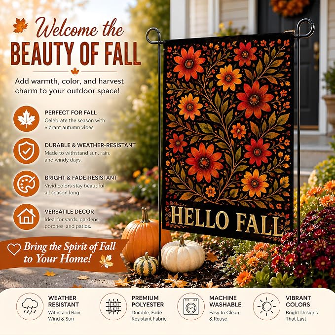 Fall Decor - Hello Fall Floral Garden Flag | Thanksgiving Party Favors Supplies Decorations - Double-Side Autumn Decor for Outdoor Indoor Outside - Friendsgiving Banner for Garden Porch Patio Lawn Yard