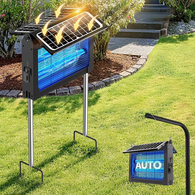 Solar Bug Zapper Outdoor, Dual Solar Panels, 4500V Waterproof Portable Mosquito Zappers, Cordless Fly Trap w/Auto Mode, Rechargeable Mosquitoes Insect Killer for Patio Yard Garden Camping Pool Garage