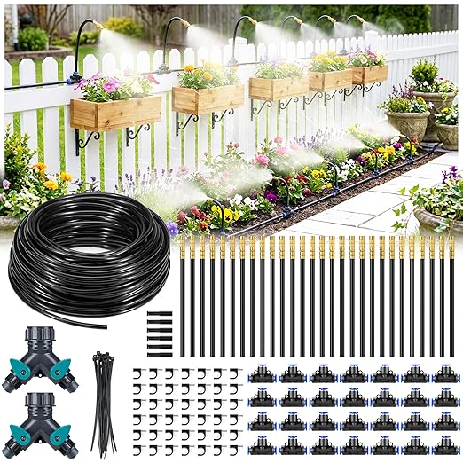 HIRALIY 165FT Garden Watering System with 28 360° Adjustable Copper Mist Nozzles, Quick-Connect Drip Irrigation Kit for Large Raised Beds, Greenhouse Sections and Flower Beds