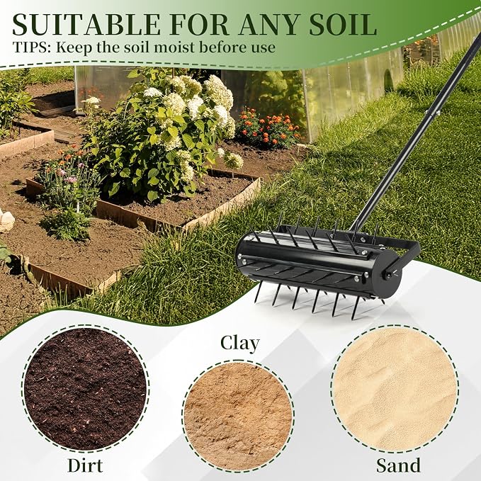 18in Rolling Lawn Aerator, Heavy Duty Manual Aerator Lawn Tool, Lawn Spike Aerator Roller with Adjustable Handle, Soil Penetrator Push Lawn Aeration for Garden Yard Patio (Black)