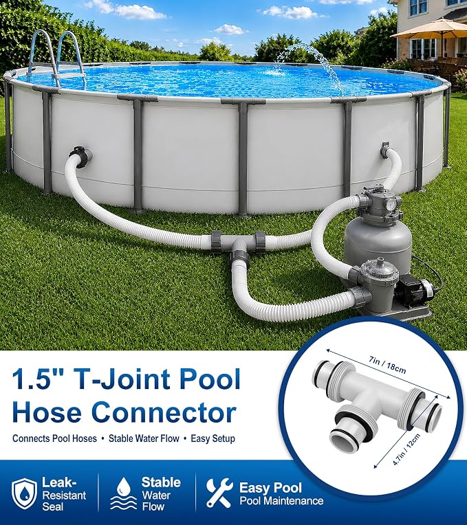 Pool Hose Connector for Leak-Proof Dual Seal and Stable Water Flow, 1.5" to 1.5" T-Joint Pool Hose Adapter for Pool Parts and Accessories Replacement, Easy No-Tool Install for Above Ground Pools